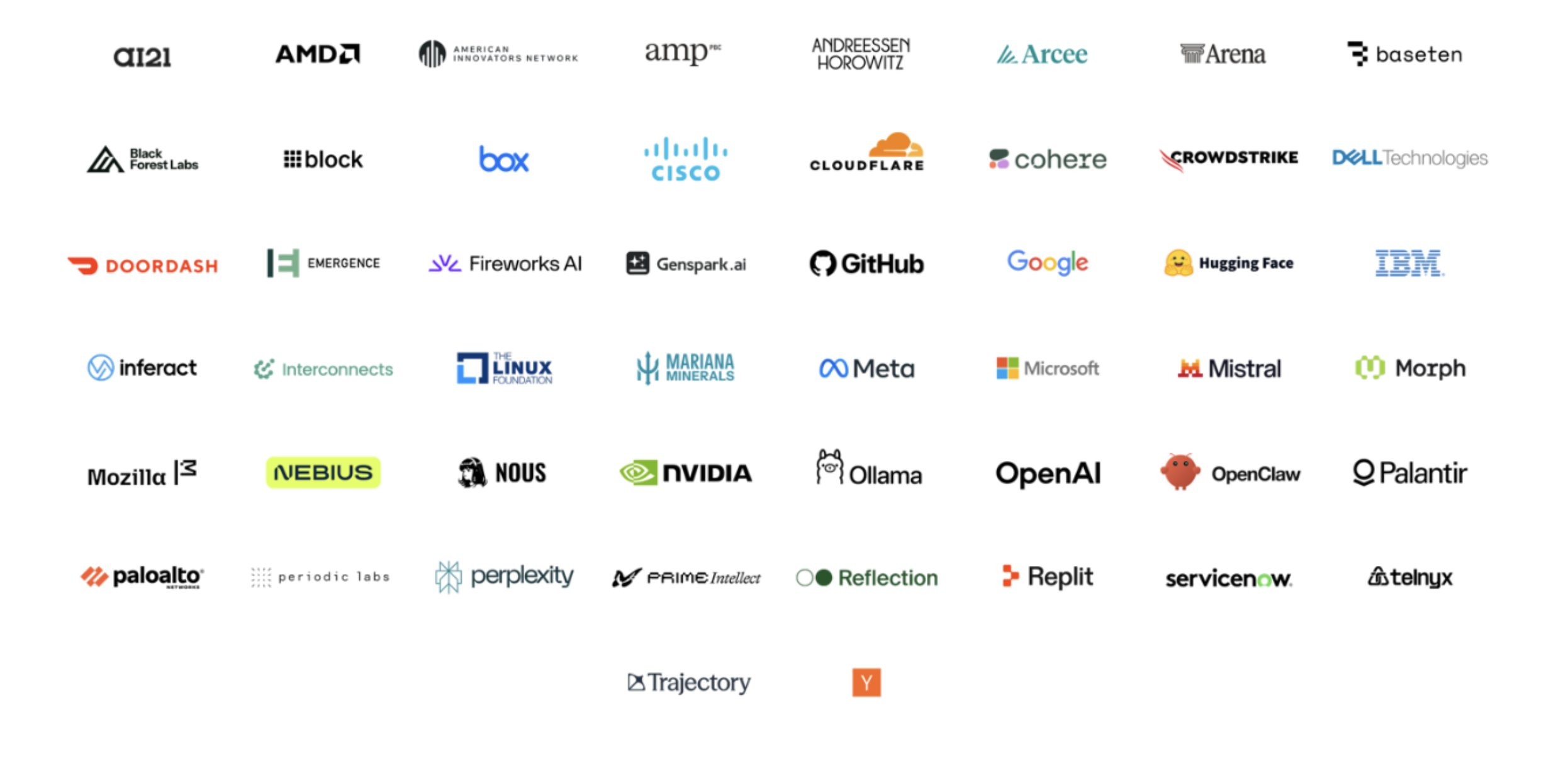 Logos of signatories of the Open Weights and American AI Leadership letter, including AMD, Andreessen Horowitz, Cisco, Cloudflare, GitHub, Google, Hugging Face, IBM, Inferact, Meta, Microsoft, Mistral, Mozilla, NVIDIA, OpenAI, The Linux Foundation, and Y Combinator